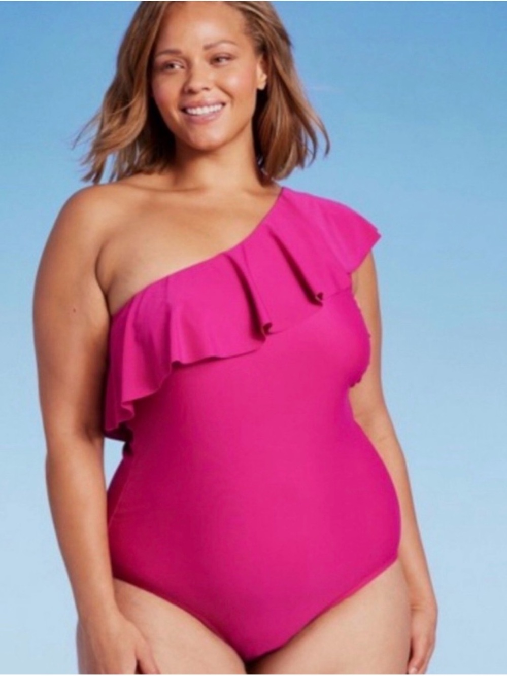 Kona Sol One-Shoulder Ruffle One-Piece Swimsuit - Hot Pink NWT size 16 $46